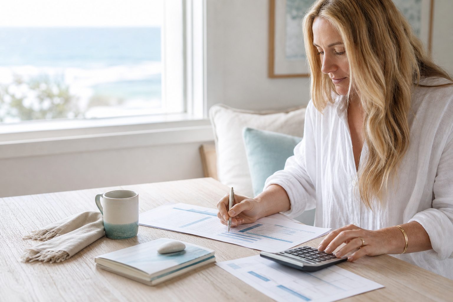 Retreat host working through a printed cost sheet at a sunlit pale wood table with a calculator