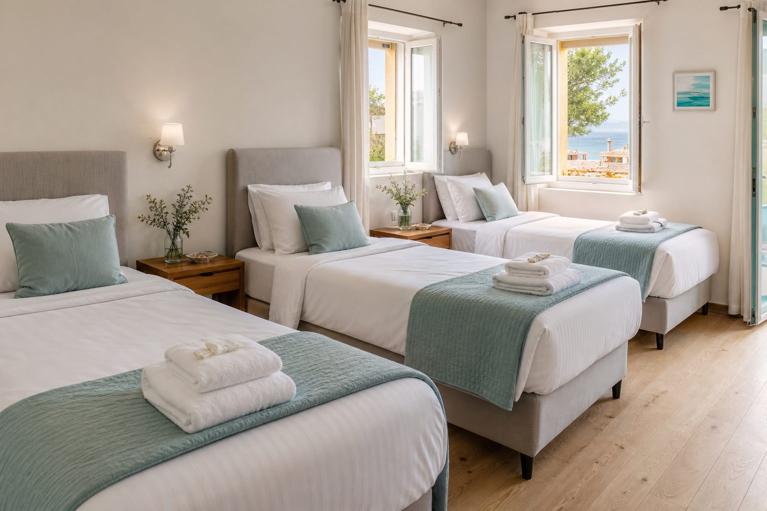 Neatly made white linen beds with folded towels in a bright shared retreat room