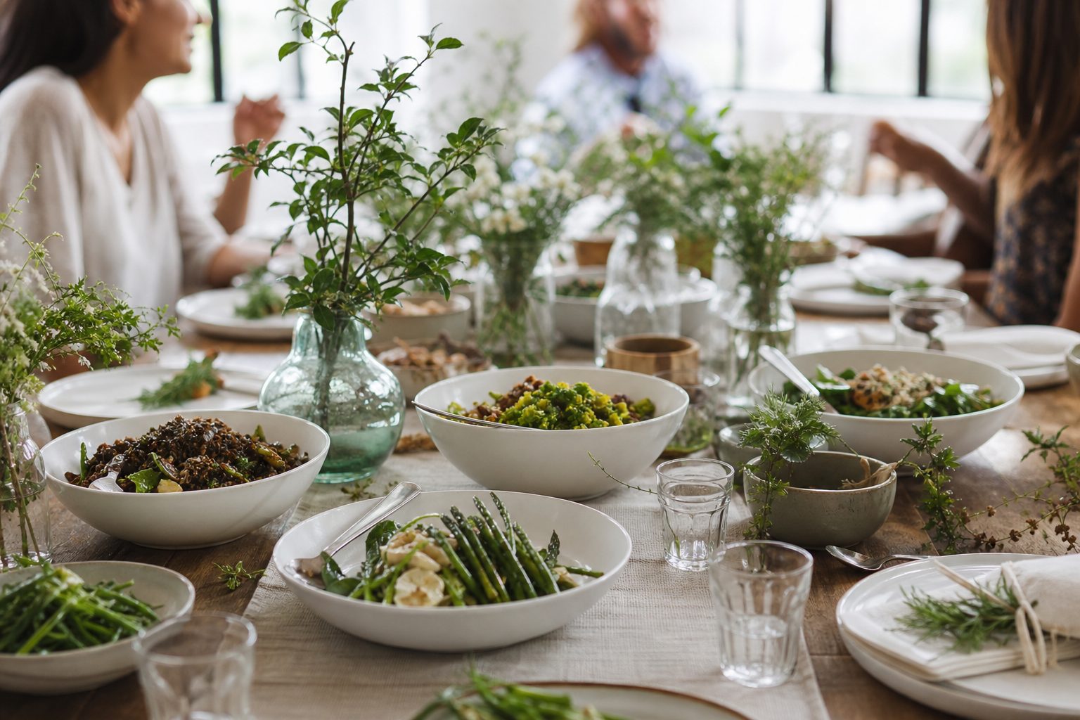 Communal table set with white ceramic bowls of vegetables and grains in a bright airy room