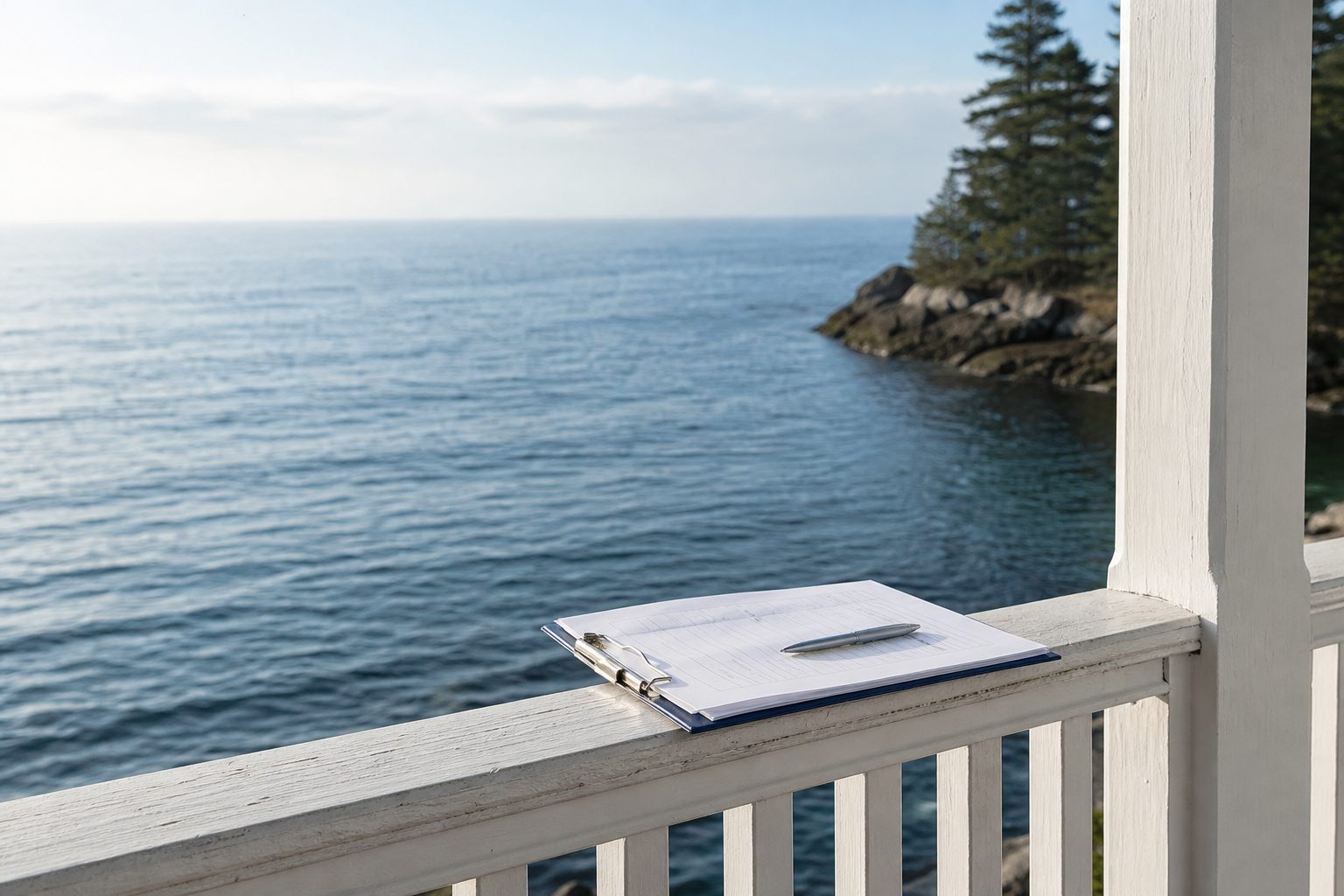 Clipboard of paperwork on a whitewashed porch rail overlooking calm bright ocean water