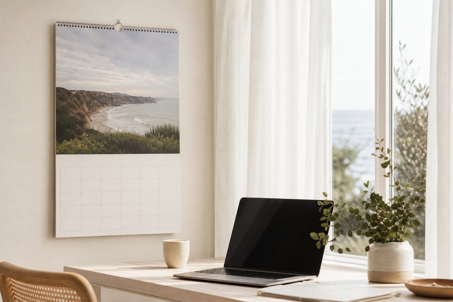 Wall calendar and laptop on a light desk beside a sheer curtained window