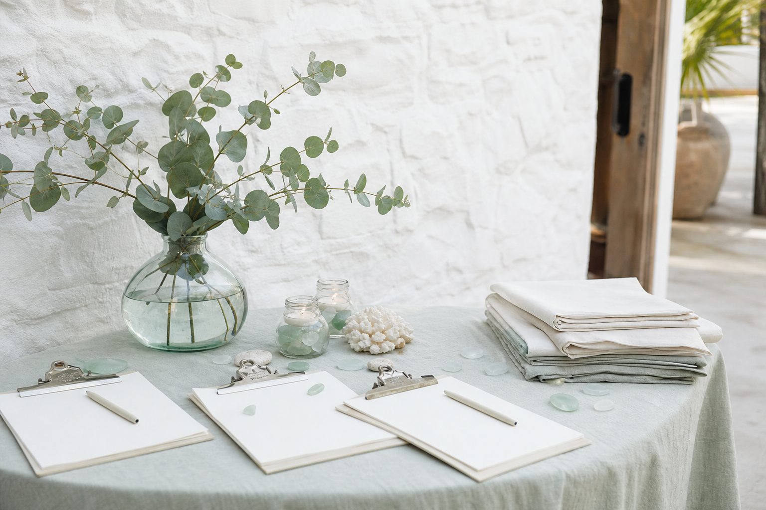 Retreat welcome table with clipboards, eucalyptus and folded linen against a whitewashed wall