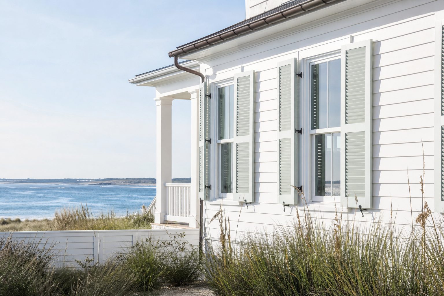 Bright white clapboard coastal retreat house with open shutters and sea grass in morning light