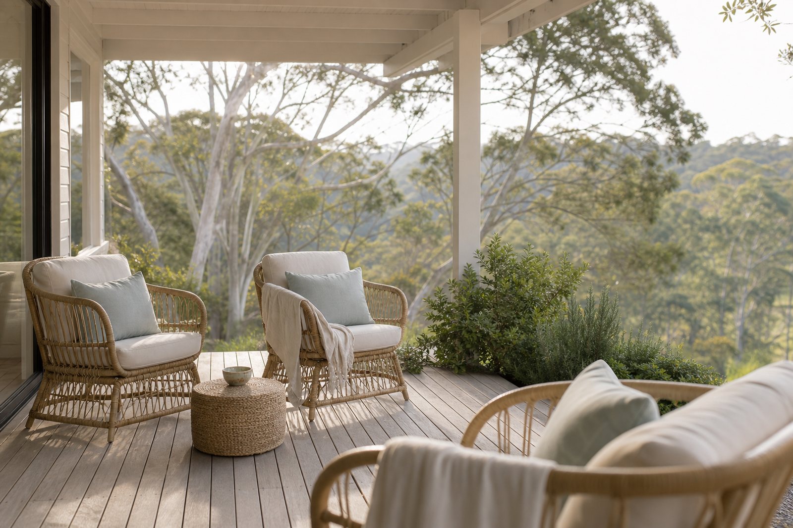 Quiet retreat house terrace with rattan chairs and linen cushions facing trees in morning light
